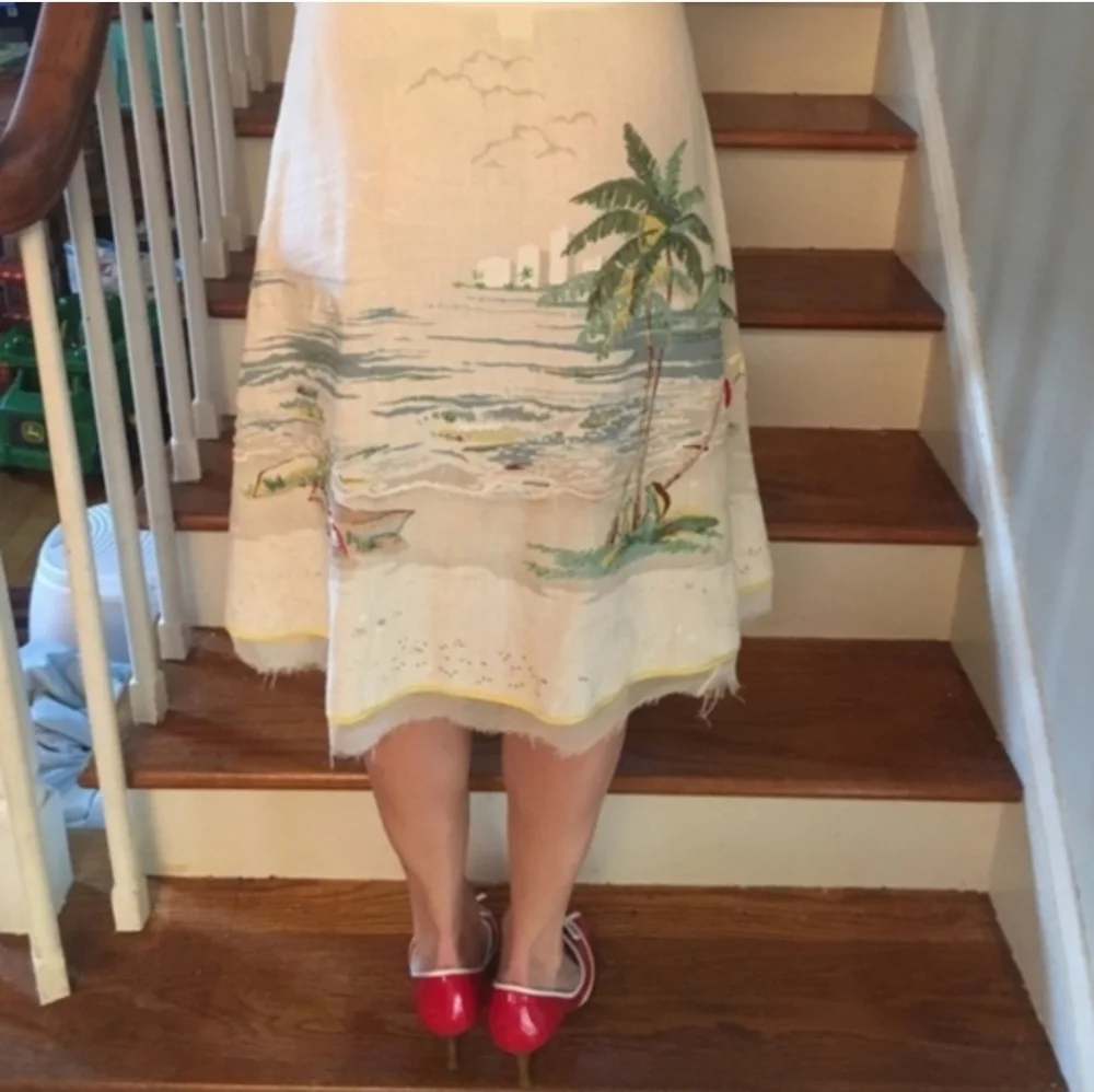 J. CREW Vintage Beach Scene Postcard Print Collectible Ecru Linen Skirt S RARE - Picture 4 of 12